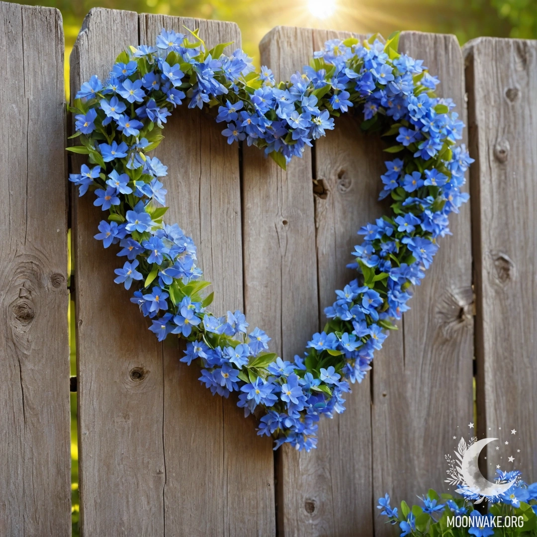 Romantic Heart Wreath on a Wooden Fence Close-up of an old wooden fence adorned with a blue flower wreath in the shape of a heart.