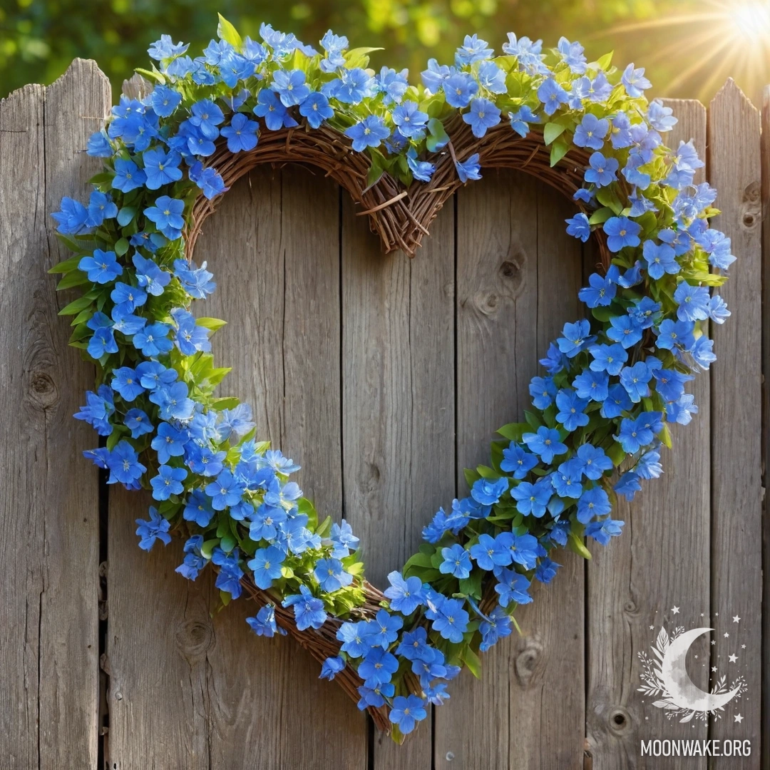 A close-up photo of an old wooden fence with a heart-shaped wreath of blue flowers and sun rays.