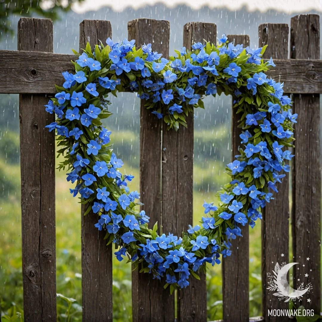 Romantic Heart Wreath on Wooden Fence Close-up of an old wooden fence adorned with a heart-shaped wreath of blue flowers, viewed under gentle rain.