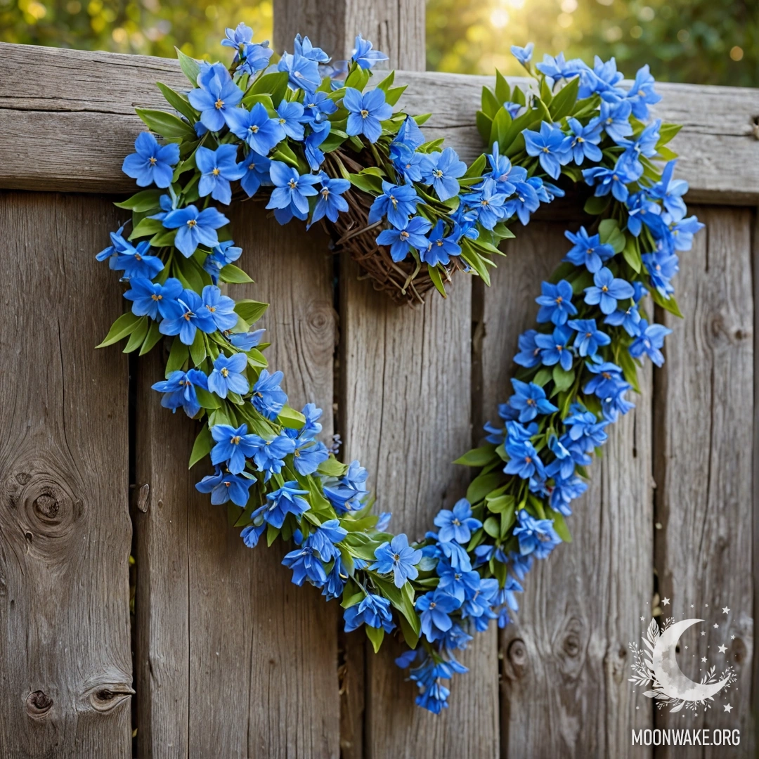 Close-up of an old wooden fence adorned with a heart-shaped wreath of blue flowers and fairy lights.