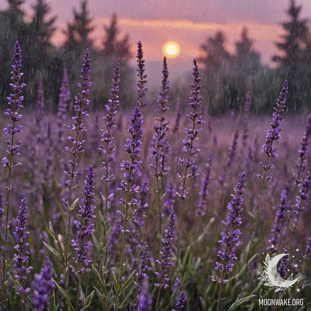Romantic Heather at Sunset in Lavender Hues A watercolor painting of heather under the rain at sunset, featuring lavender colors.