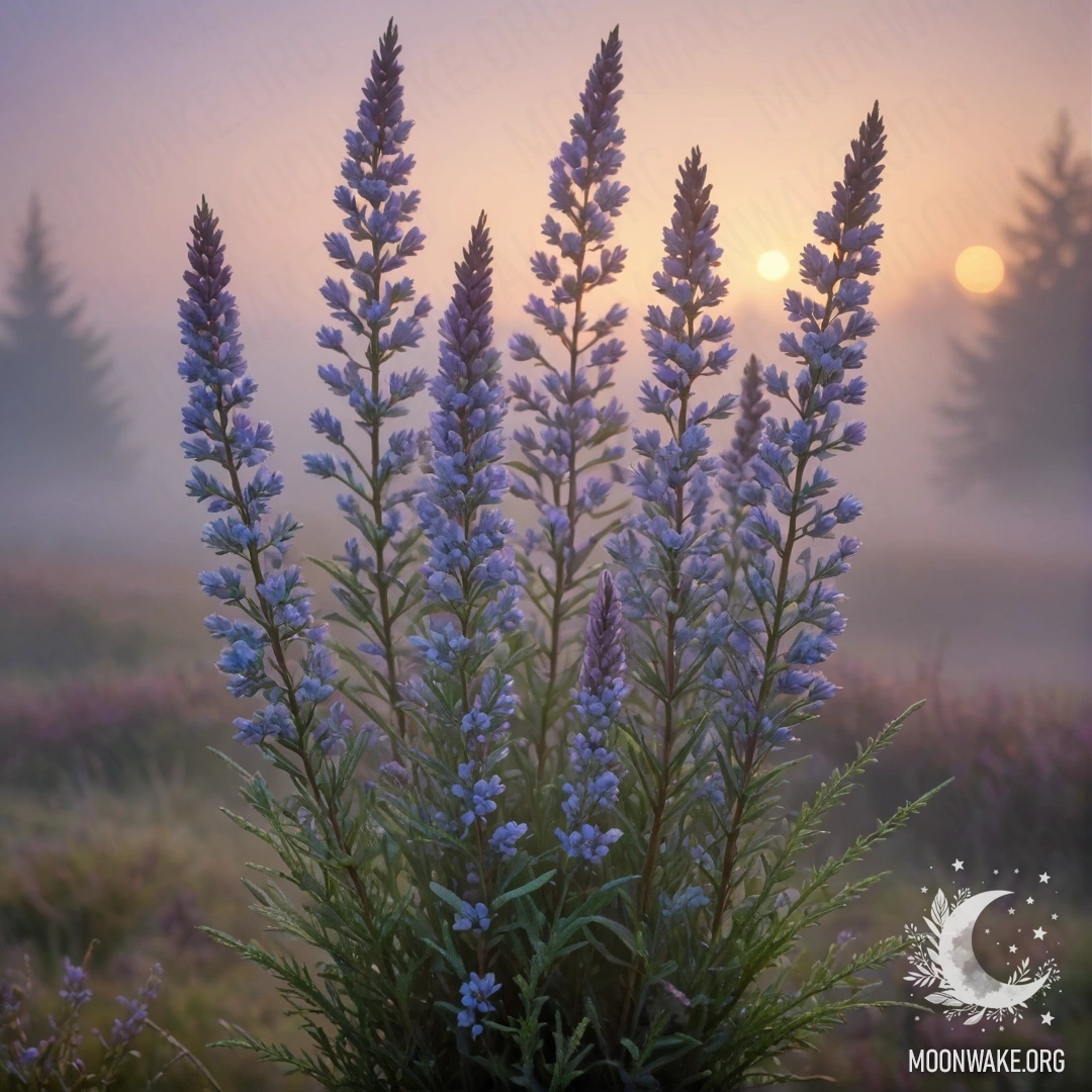 A bouquet of greenish-blue heather in a foggy setting at sunset.