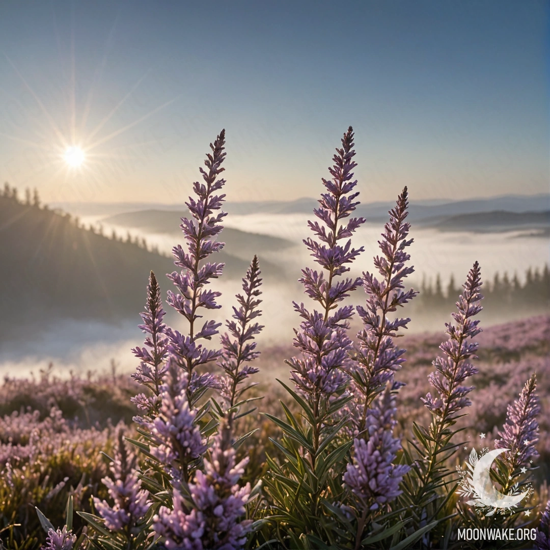 Romantic Heather in the Fog A picturesque scene of heather enveloped in fog with sunlight filtering through.