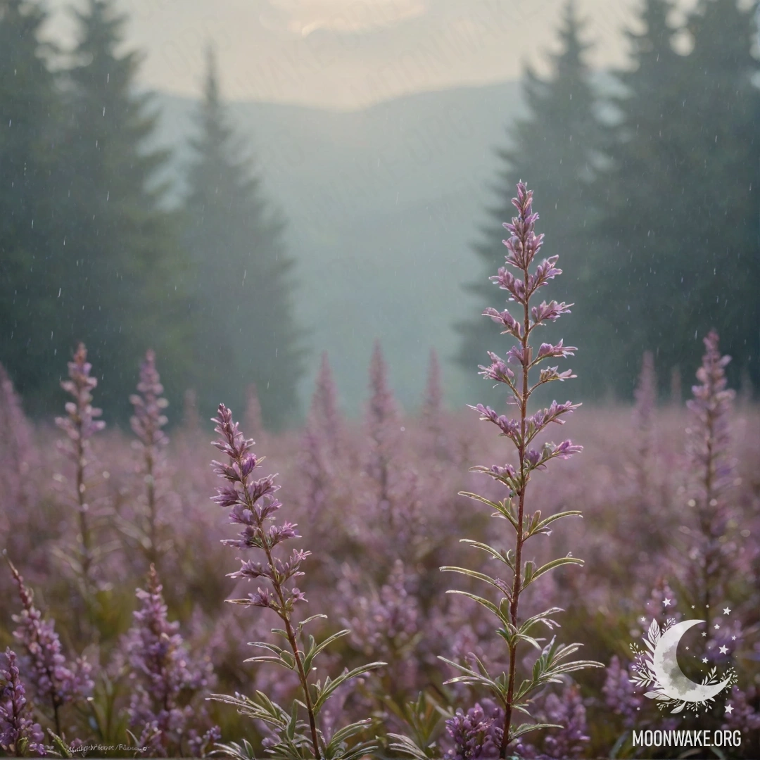 A misty landscape with romantic heather and rays of sunlight breaking through the rain.