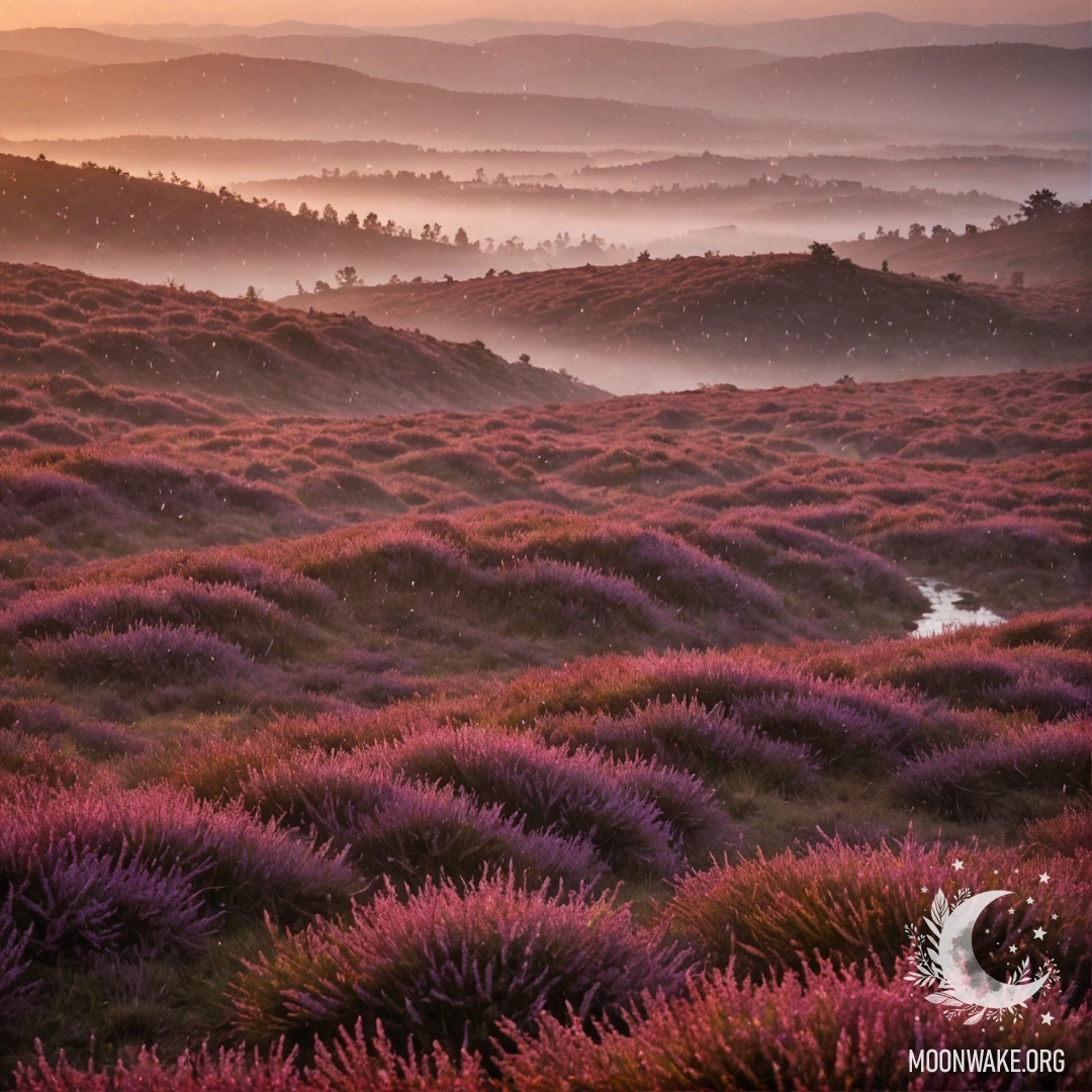 A lush carpet of heather drenched in rain, illuminated by a vibrant red sunset mist.