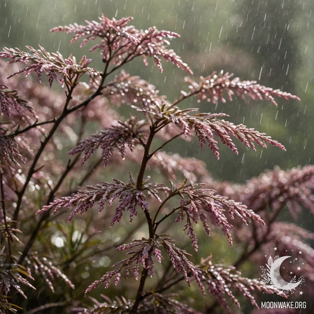 Romantic Heather in the Misty Rain A romantic scene featuring heather in the mist, under rainy weather, illuminated by sunny rays and adorned with rhinestones of coffee color.
