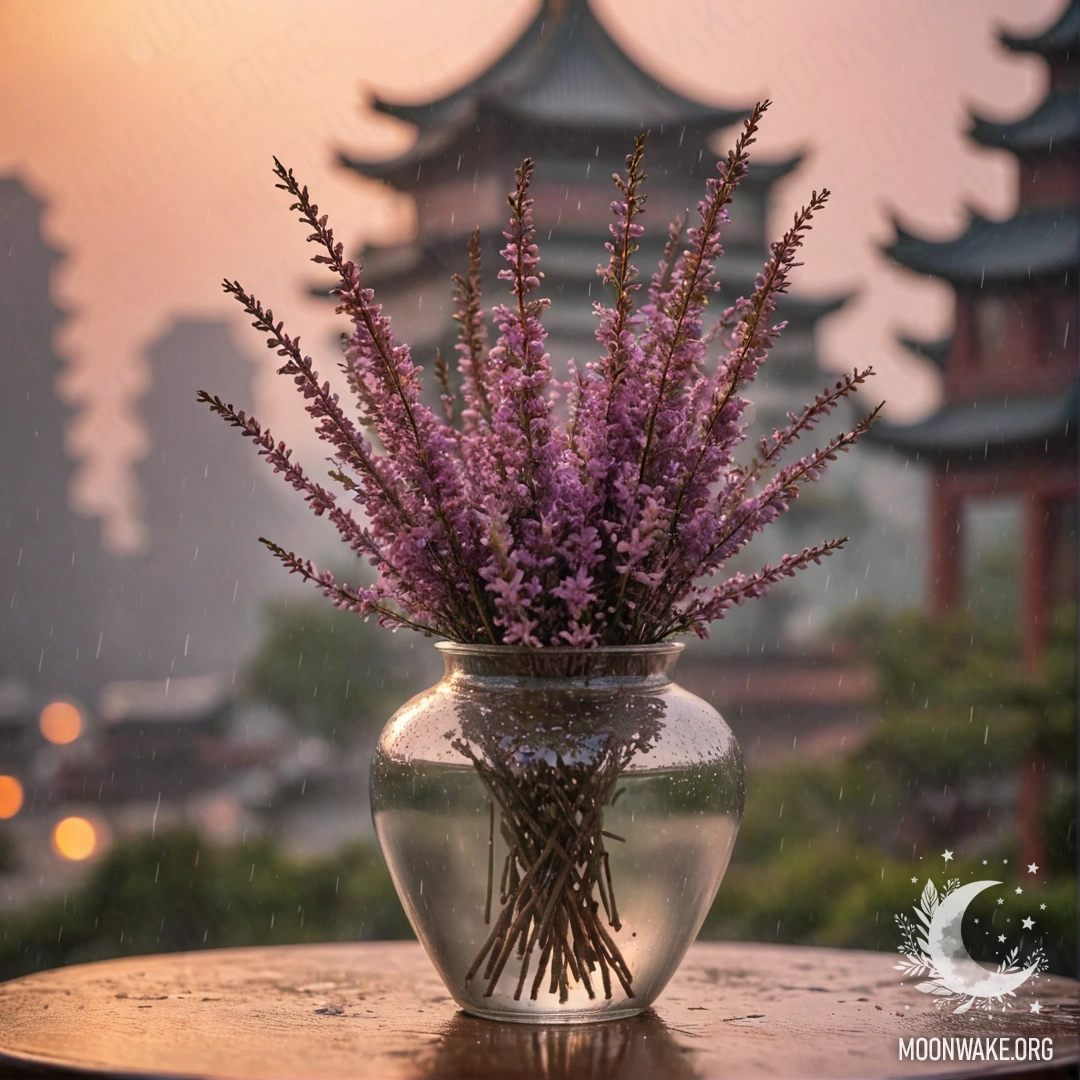 Romantic Heather in a Vase at Sunset A vase filled with romantic heather under the rain at sunset, showcasing pastel colors.
