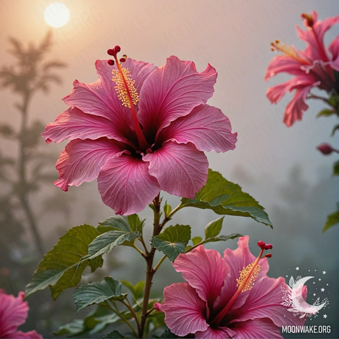 Romantic Hibiscus in the Fog at Sunset A fuchsia hibiscus flower emerges through a soft fog at sunset.