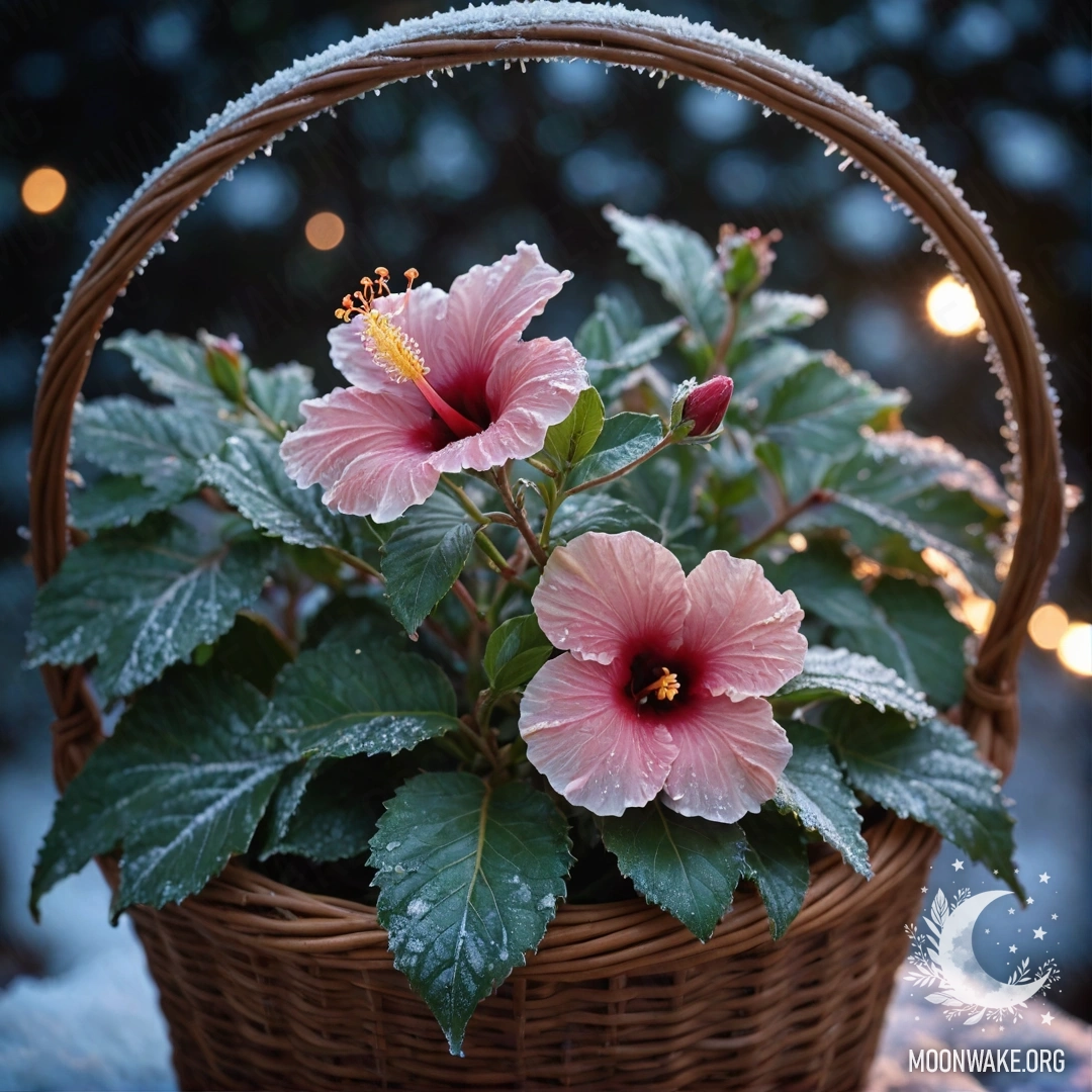Romantic Hibiscus in Frost A romantic hibiscus flower resting in a frosty basket under night sky.