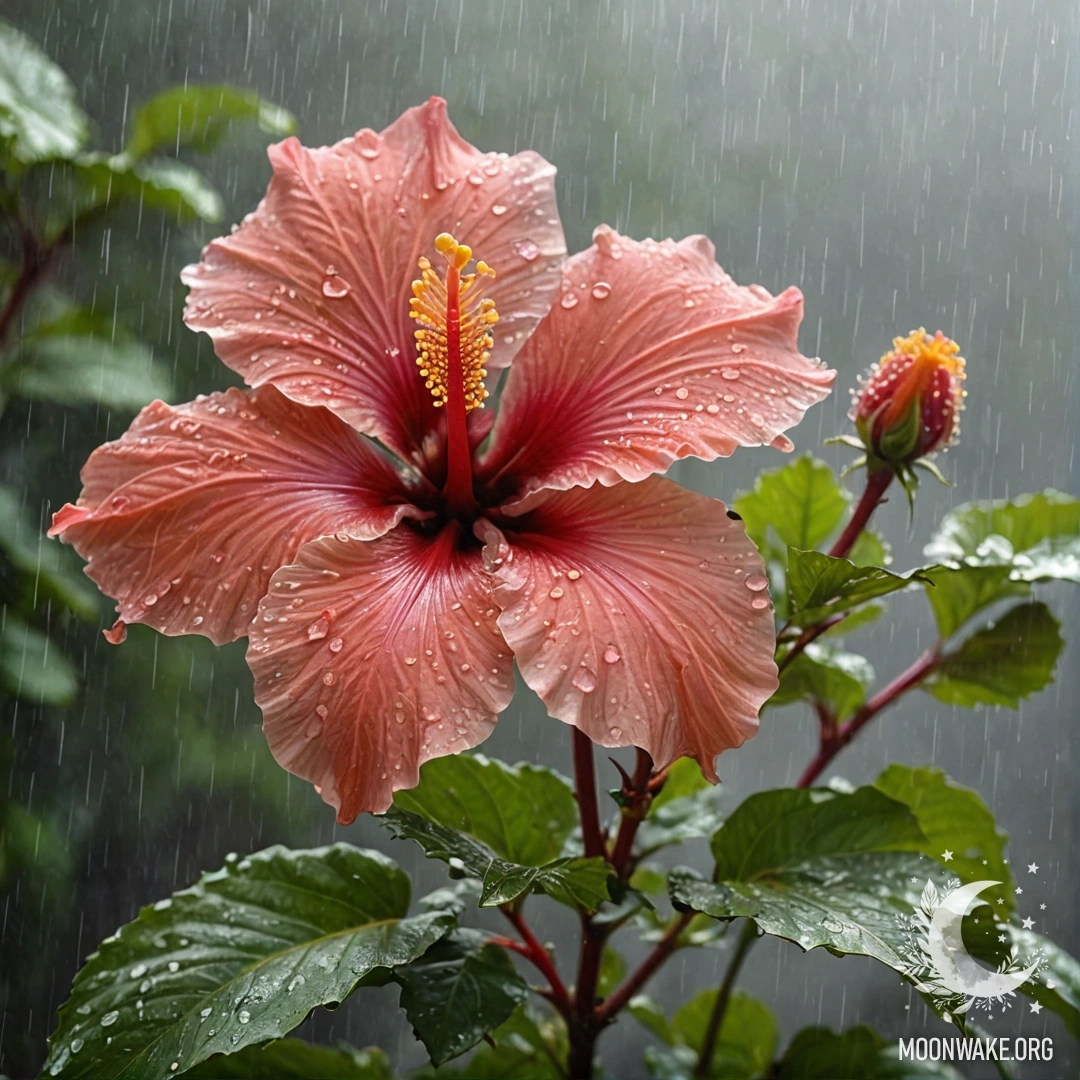 A bouquet of romantic hibiscus flowers in misty rain, with rays of sun shining, in shades of sea wave color.