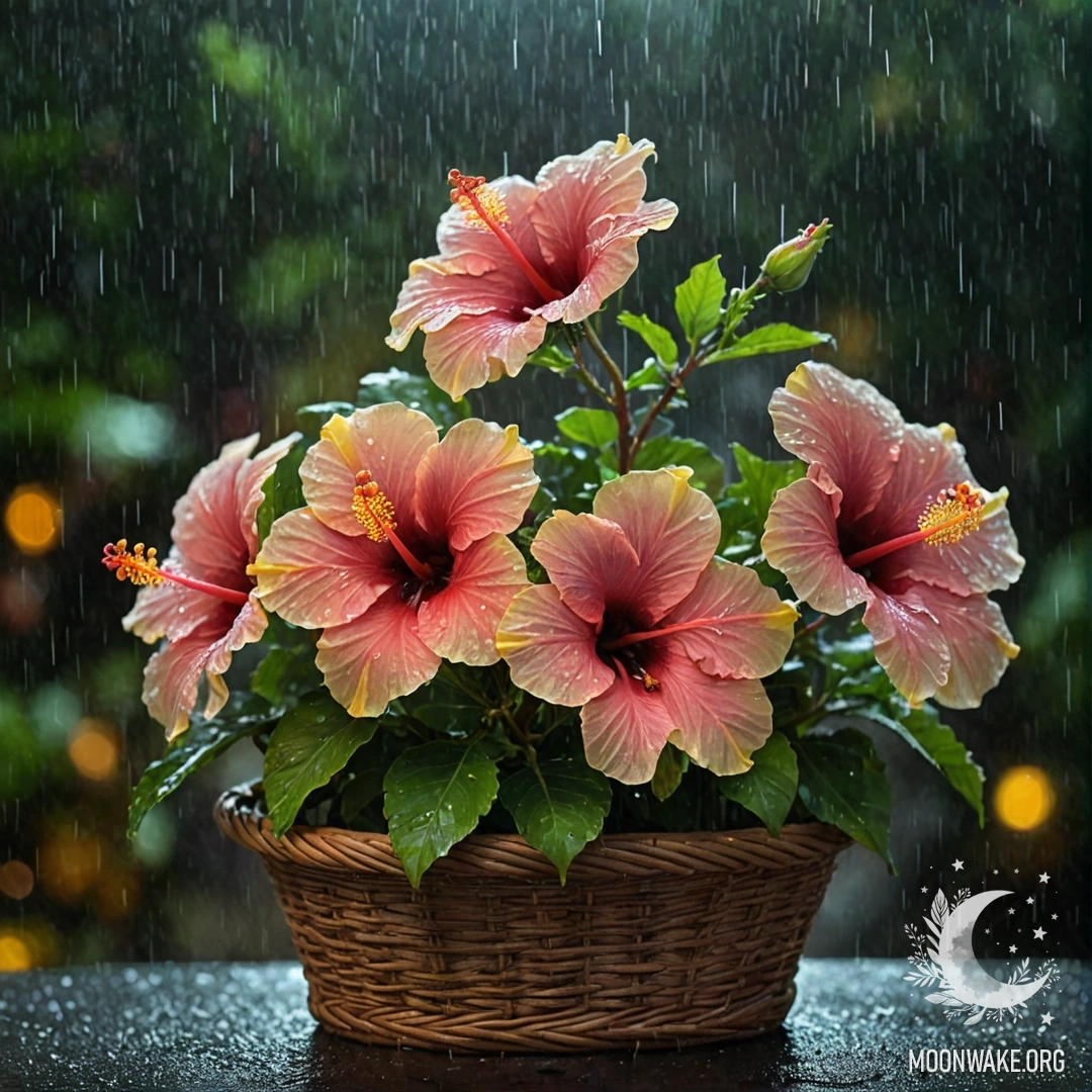 Romantic Hibiscus in the Mist A romantic hibiscus flower in a basket, surrounded by mist and rain at night.