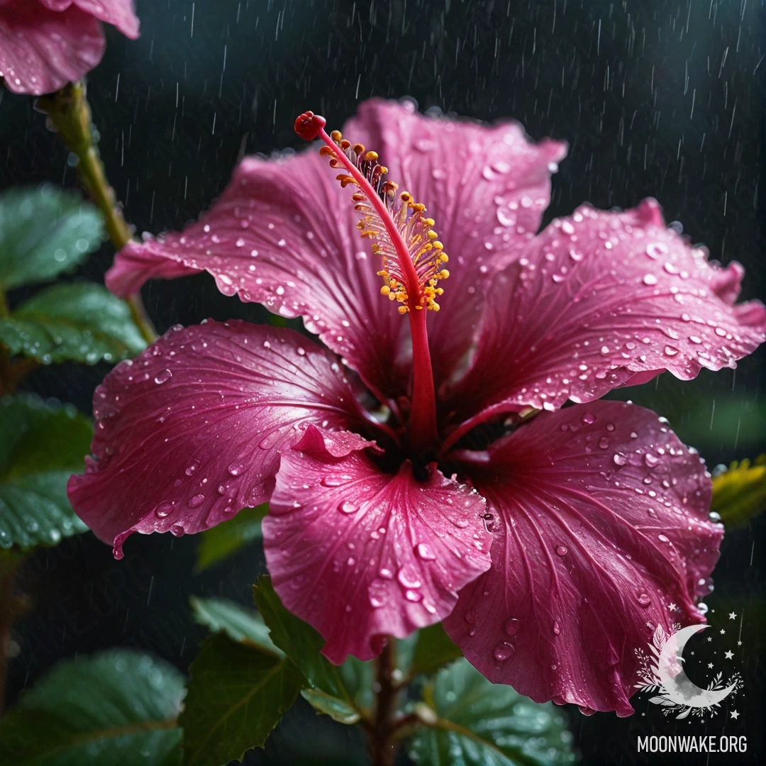 Romantic Hibiscus in the Rain A fuchsia hibiscus flower surrounded by mist and rain at night.
