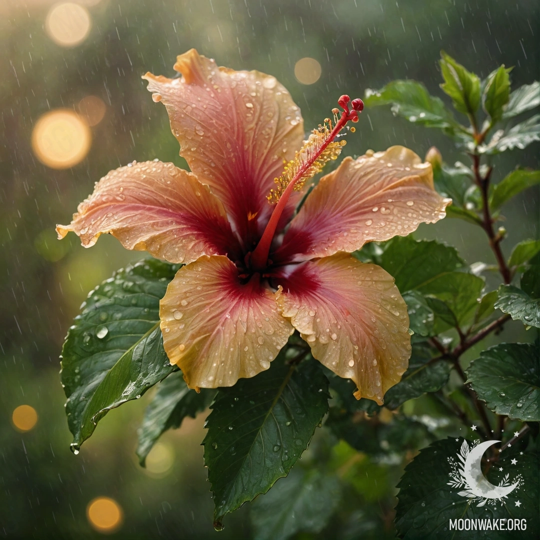 Romantic Hibiscus Under Rain at Sunset A delicate hibiscus flower drenched in rain, bathed in sunset light.