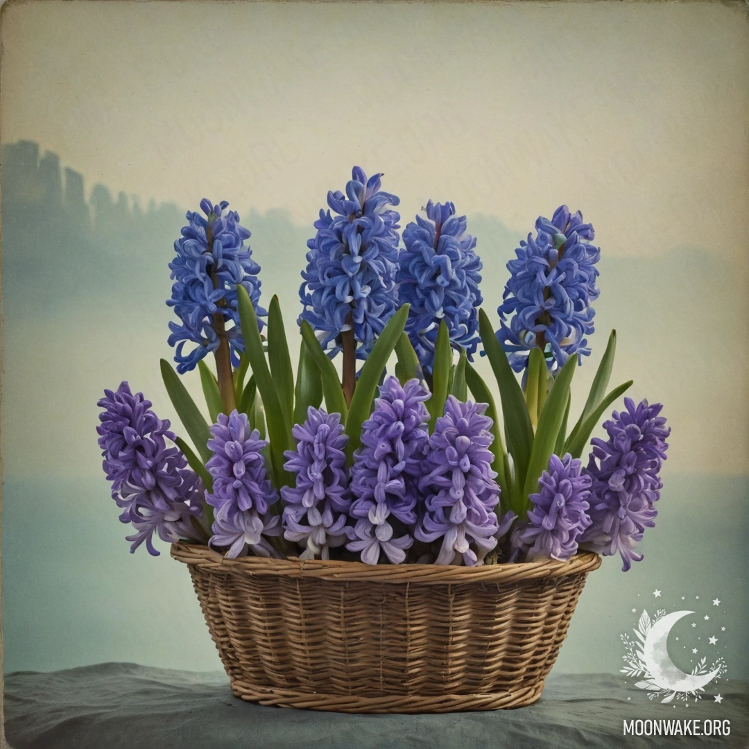 A romantic hyacinth in a fog-shrouded basket, reminiscent of seaside colors.