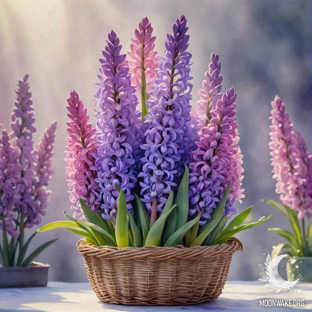 A romantic fuchsia hyacinth in a basket surrounded by fog, illuminated by sunny rays.