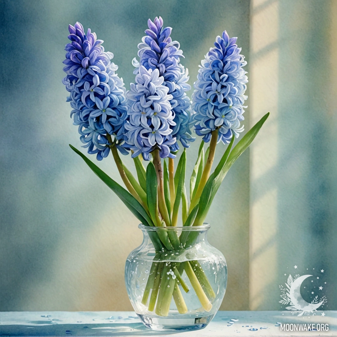 Romantic Hyacinth in Frosty Vase A delicate aquamarine hyacinth in a frosty vase with a watercolor effect.