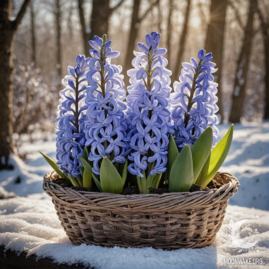 Romantic Hyacinth in Frosty Basket A romantic hyacinth covered in frost, resting in a coffee-colored basket illuminated by sunny rays.
