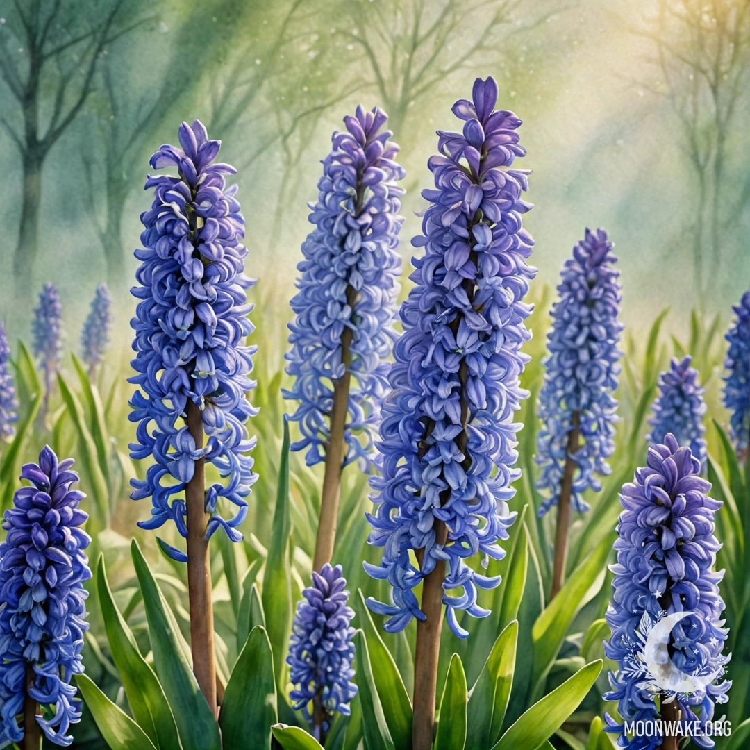 A romantic hyacinth rising through mist, surrounded by sunlight.