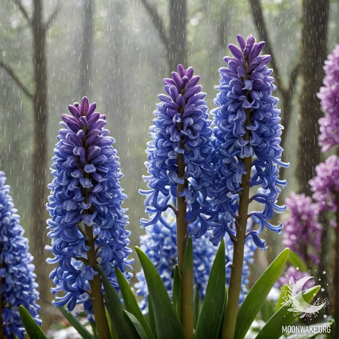 A bouquet of blue hyacinths in the misty rain, illuminated by sunlight.