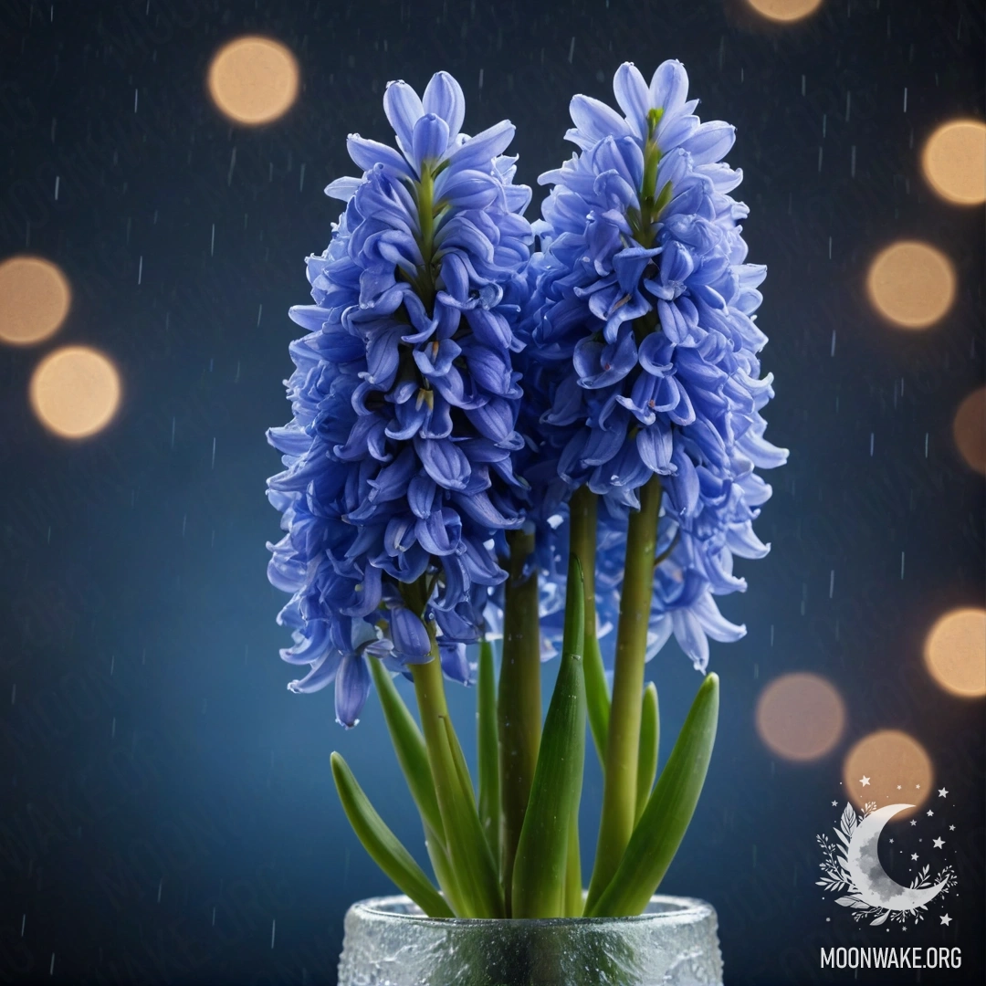 A sky blue hyacinth in a vase, drenched by rain at night