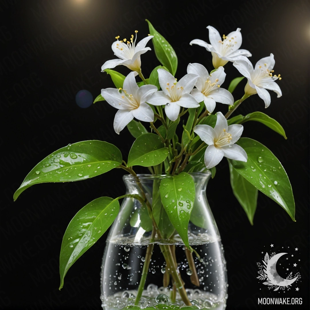A digital painting of jasmine flowers with dew drops in a lime-colored vase at night.