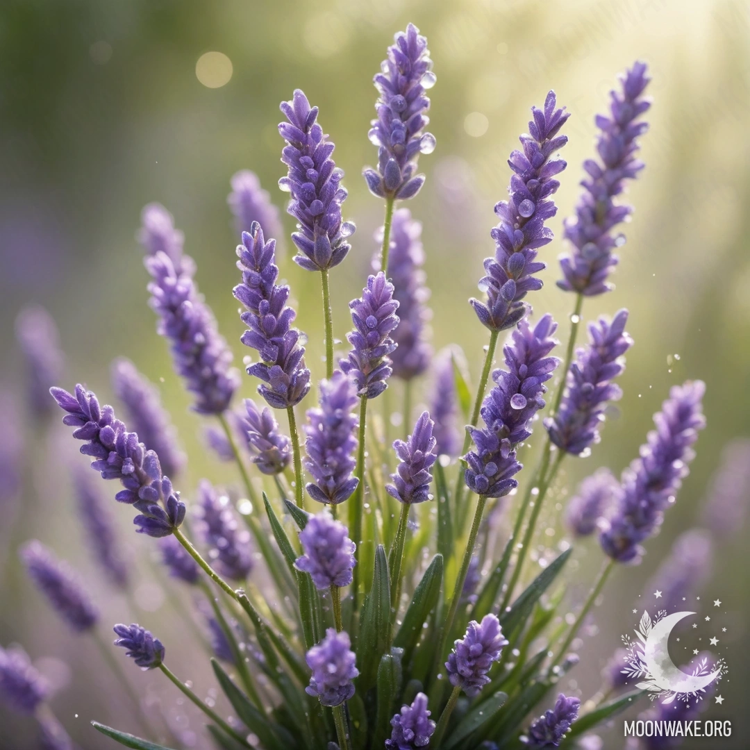 A bouquet of lavender adorned with dew drops, showcasing soft olive colors under sunny rays.