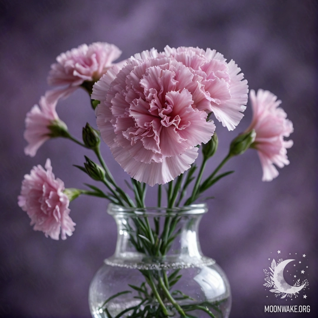 Romantic Lavender Carnation in a Misty Vase A lavender carnation in a vase surrounded by mist at night.