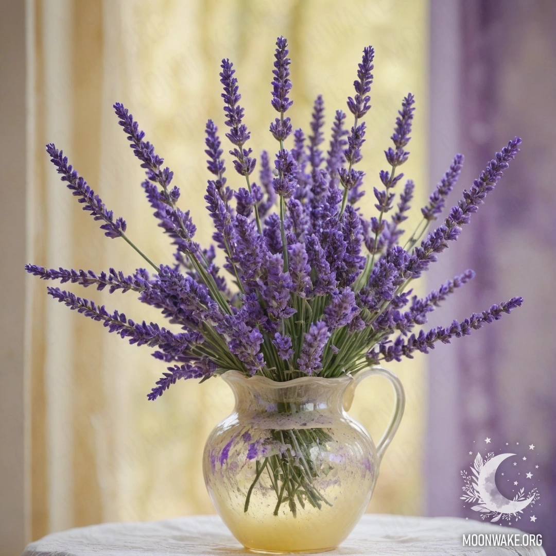 A bouquet of lavender with a delicate web in a cream yellow vase.
