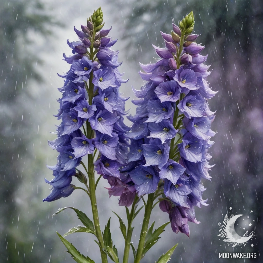 A bouquet of lavender delphinium flowers under the rain, painted in watercolor.