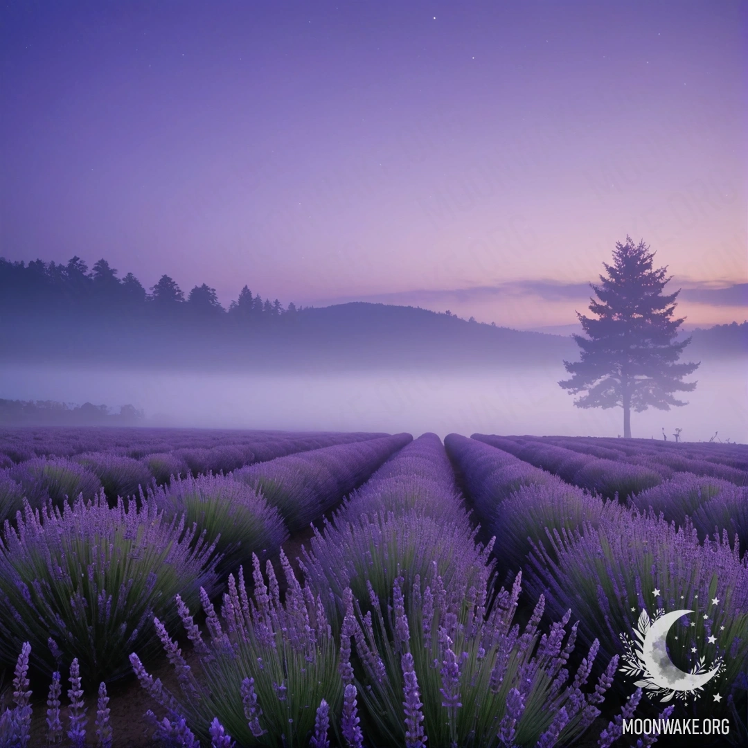 A picturesque scene with lavender blossoms in the fog at night, with golden patterns.