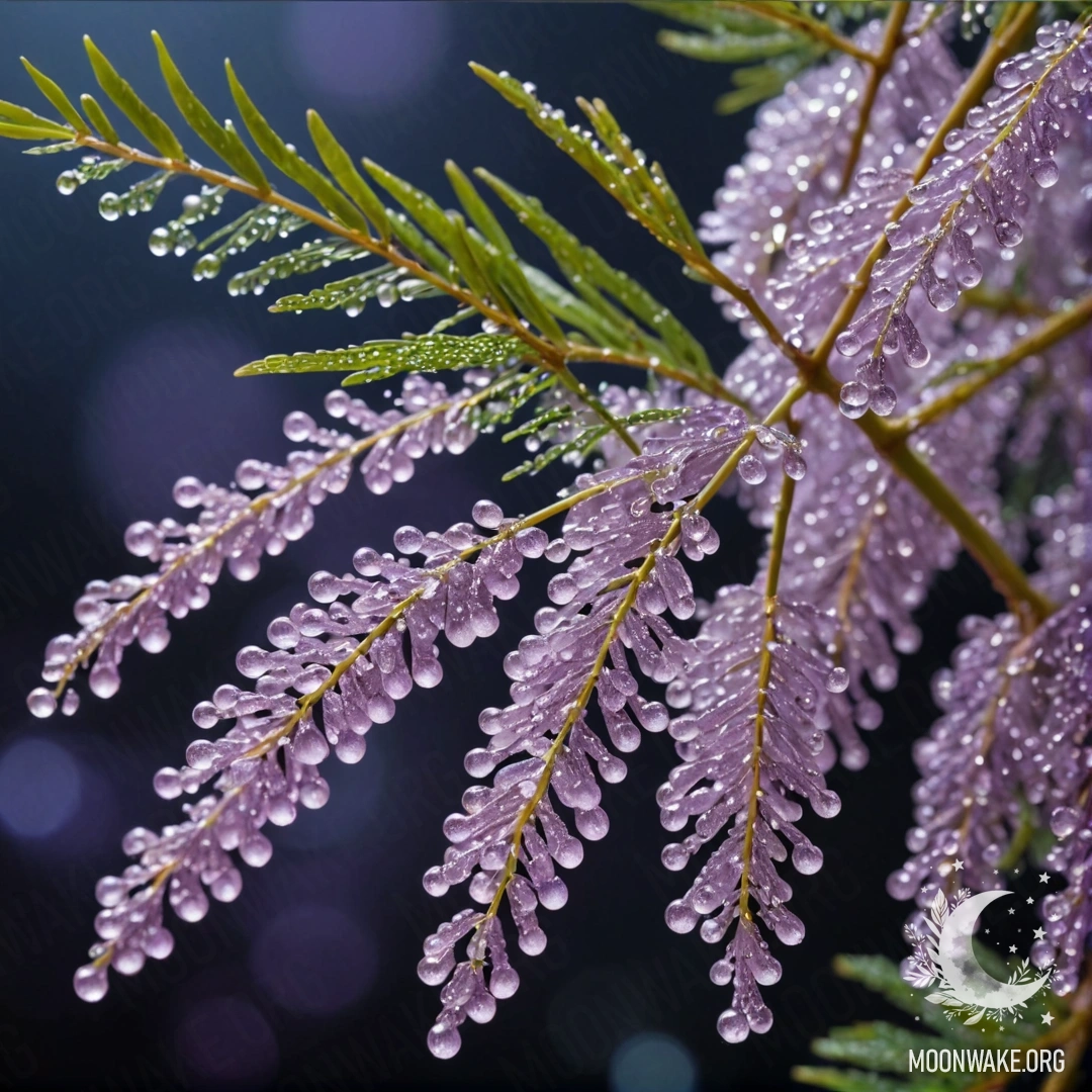 Romantic Lavender Mimosa with Dew Drops A romantic lavender mimosa adorned with dew drops and sequins at nighttime.