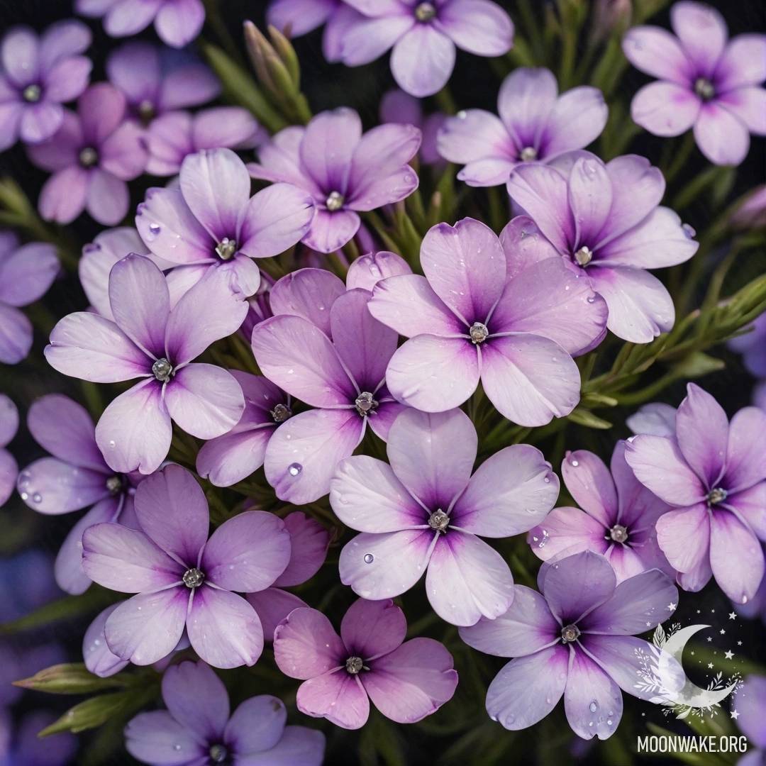 A beautiful watercolor painting of lavender phlox surrounded by rhinestones against a night backdrop.
