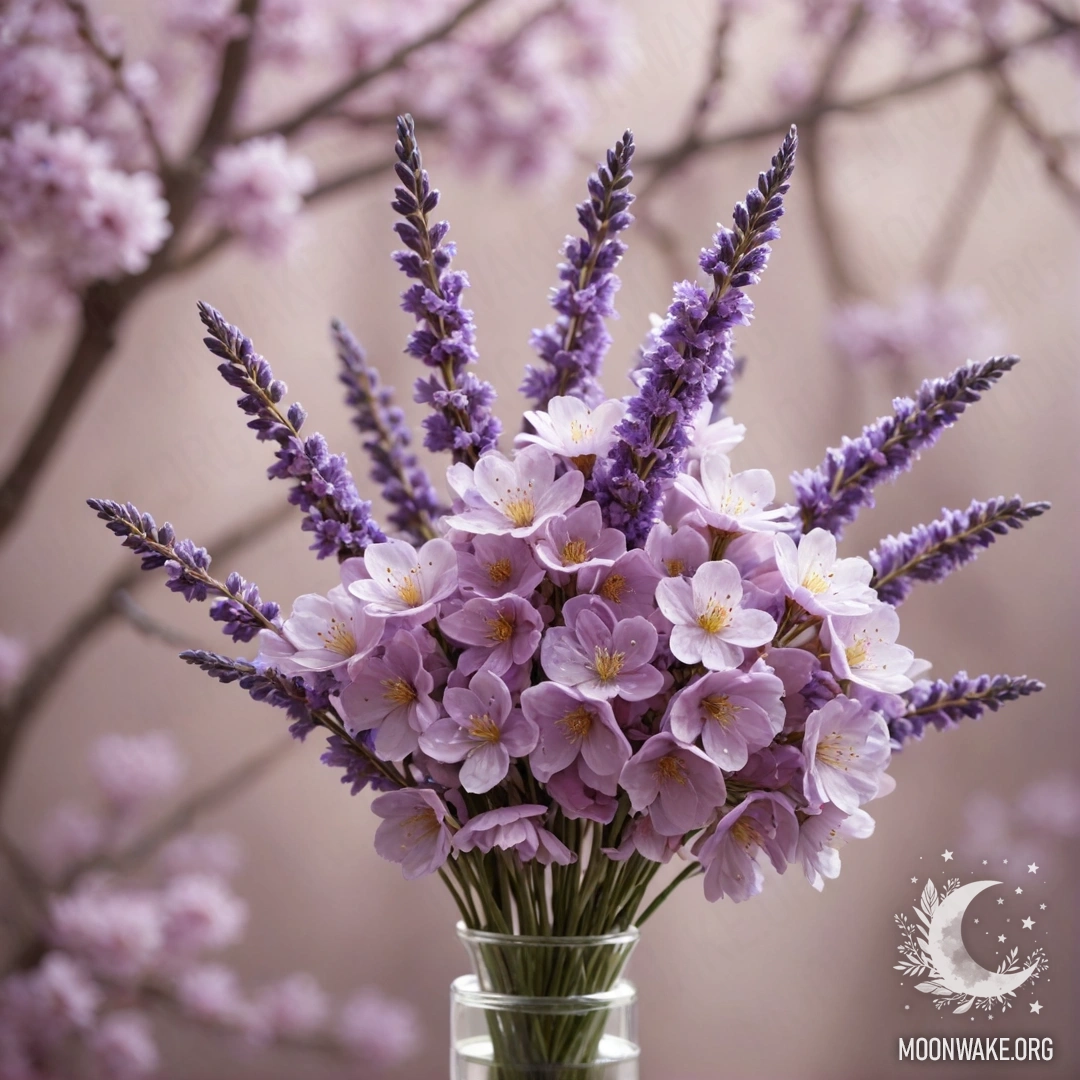 A bouquet of lavender sakura flowers arranged artistically.