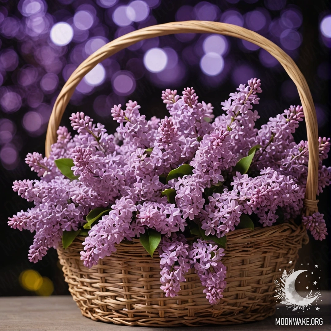 A pastel-colored photograph of a basket filled with lilac at night.