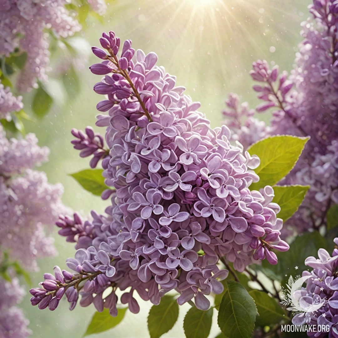 A bouquet of lilac flowers surrounded by mist and sunny rays.