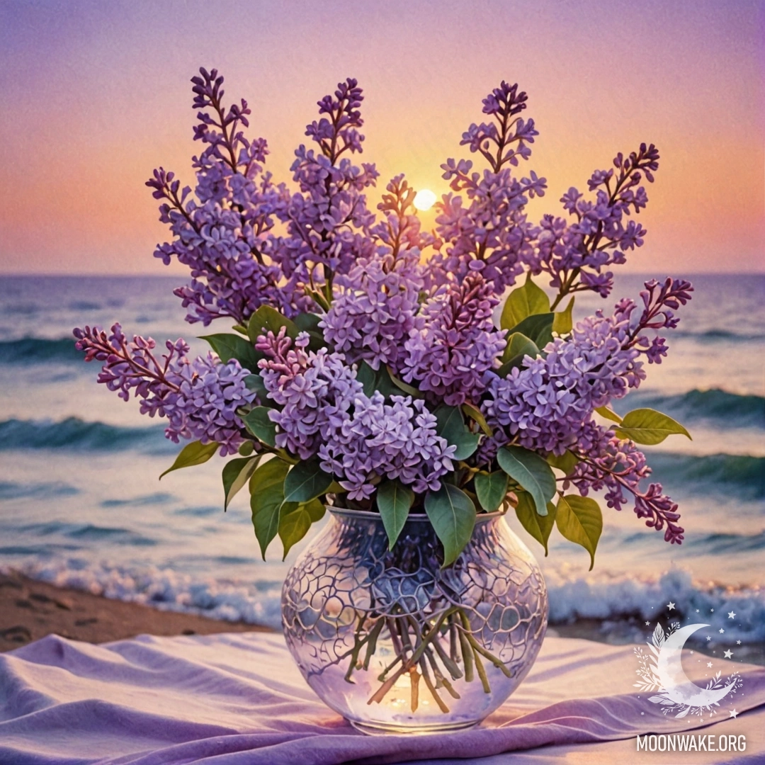 A watercolor painting of lilac in a wave-colored vase with a web at sunset.