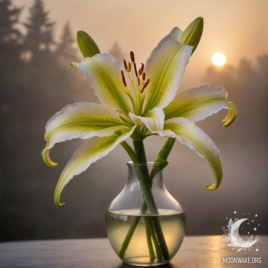 A romantic lily in a fog-filled vase, illuminated by sunset.