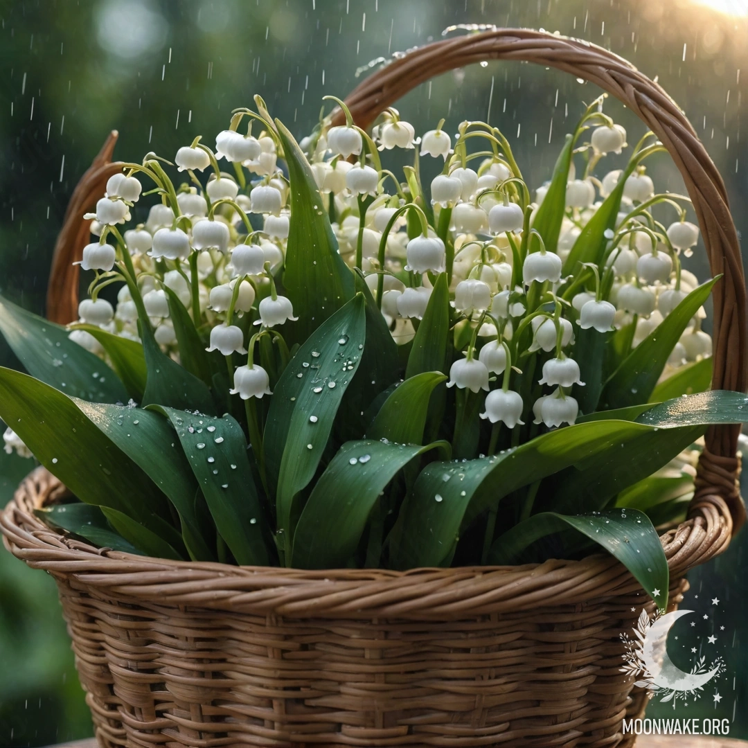 A basket filled with lily of the valley flowers, set against a rainy sunset backdrop.