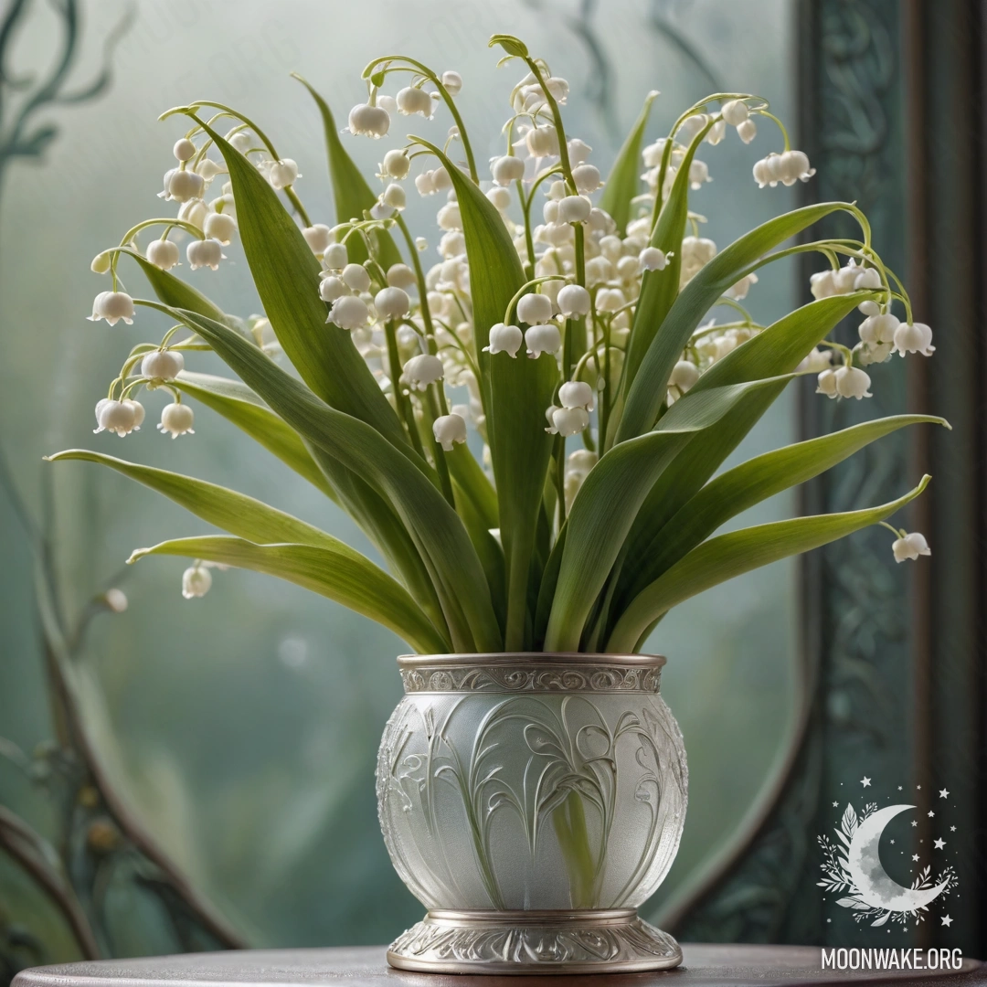 A bouquet of lily of the valley in a frost-covered vase of olive color