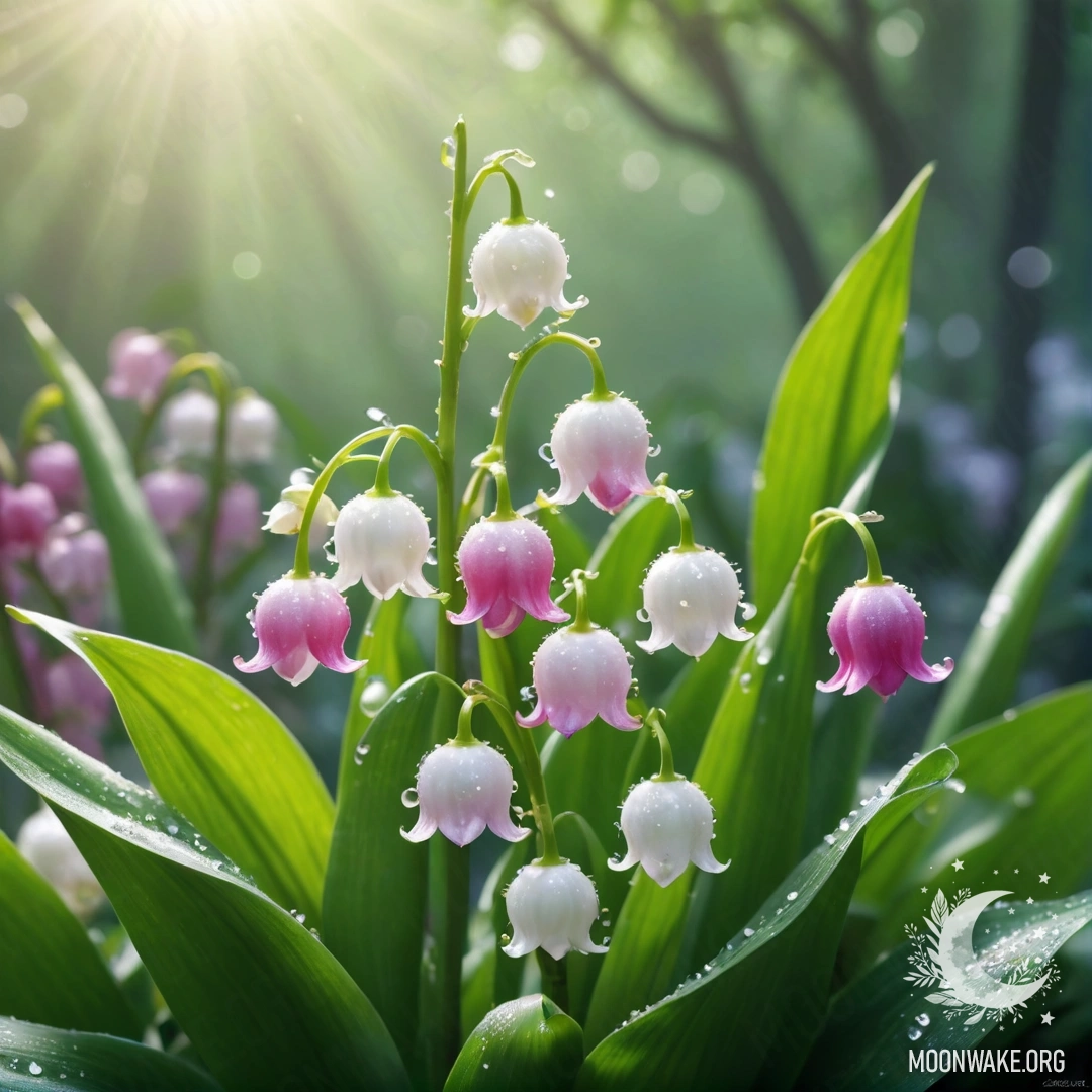 Romantic Lily of the Valley in Mist A close-up of fuchsia lily of the valley flowers surrounded by mist and sunlight.