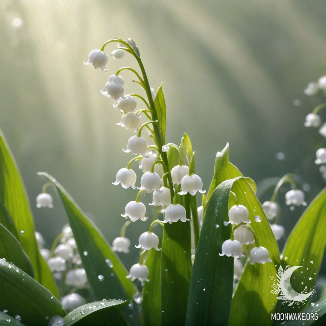 A beautiful scene of yellow lily of the valley in fog with sunlight shining through.