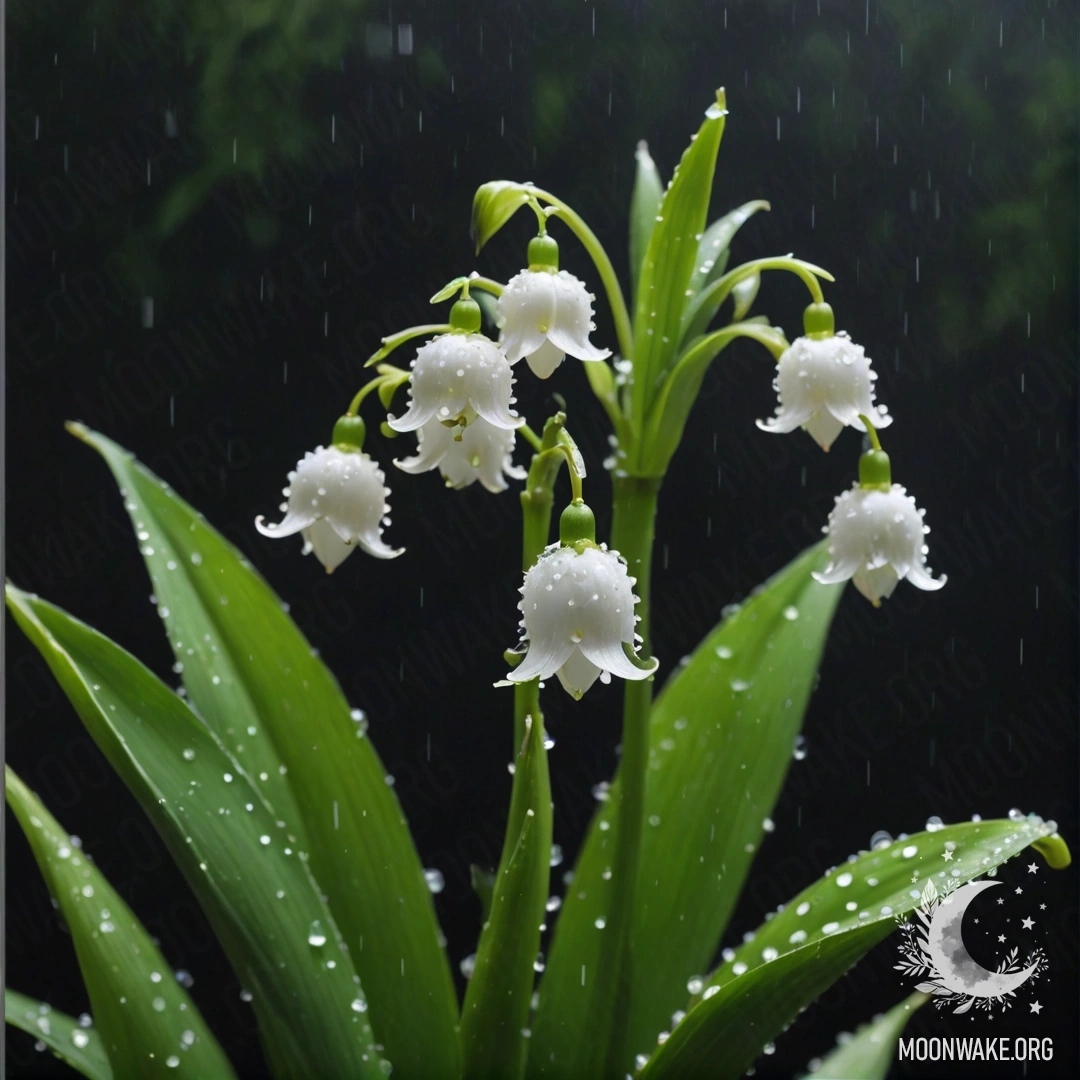 A romantic lily of the valley immersed in mist under the rain at night, shimmering with green hues.
