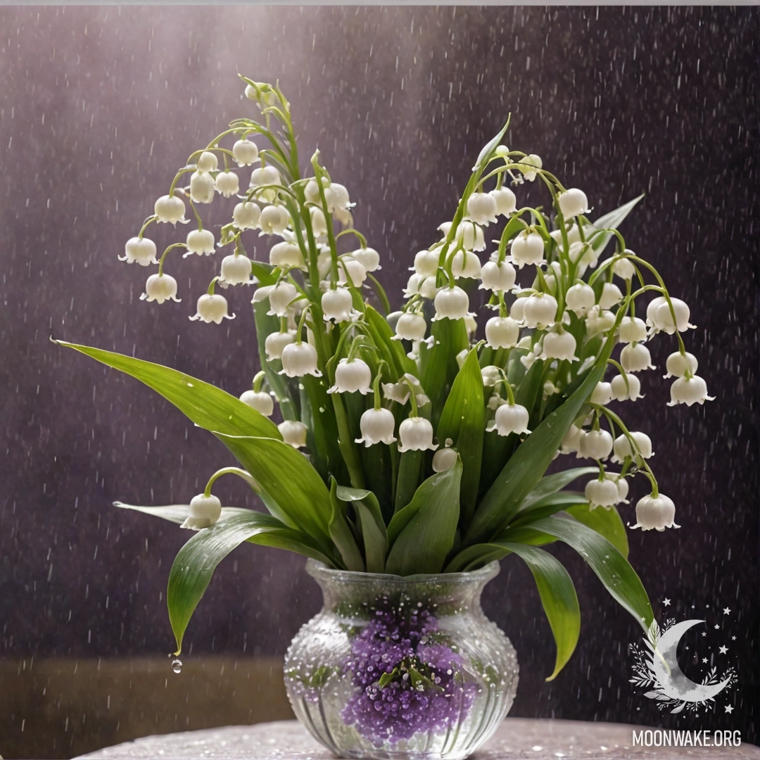 Romantic Lily of the Valley in a Vintage Vase A romantic lily of the valley in a misty setting, placed in a vase, with purple color and raindrops reflecting sunlight.