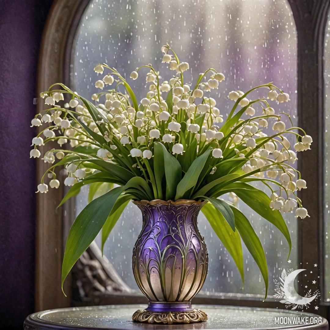 A vase filled with purple lily of the valley in the mist under rain, illuminated by sunny rays.