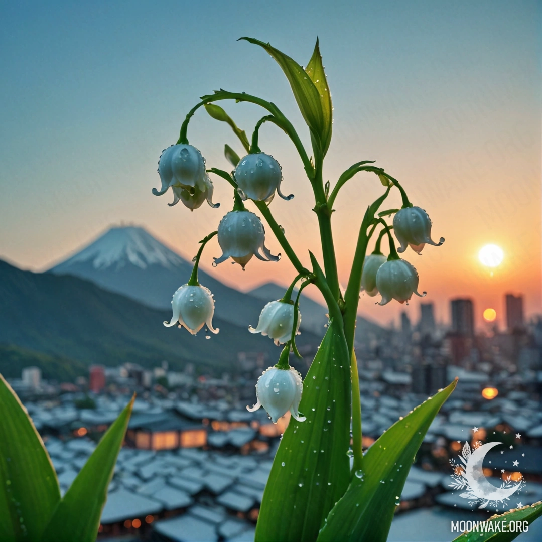 A close-up view of romantic lily of the valley adorned with dew drops, set against an aquamarine sunset background.