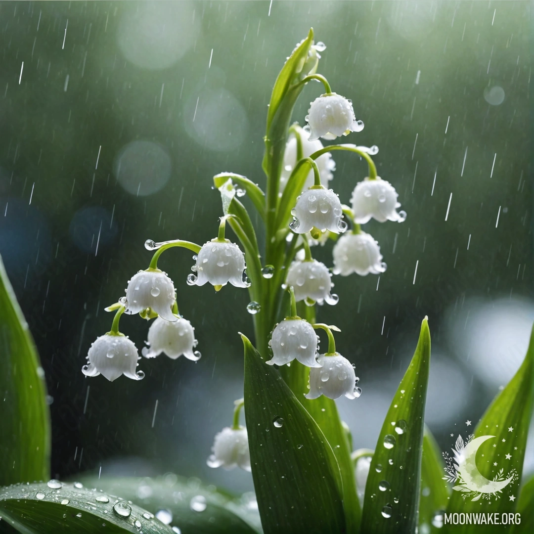 A serene image of blue lily of the valley flowers under raindrops with sunny rays and rhinestones.