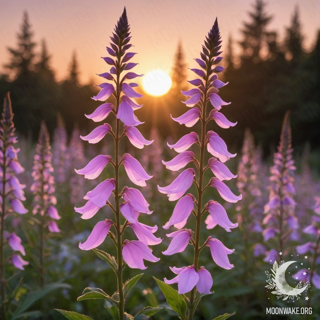 A delicate pink lobelia flower against a colorful sunset sky.