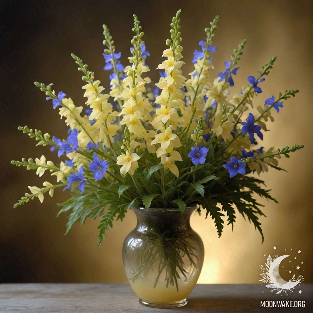 A serene arrangement of cream yellow lobelia flowers in a vase, surrounded by mist at night.