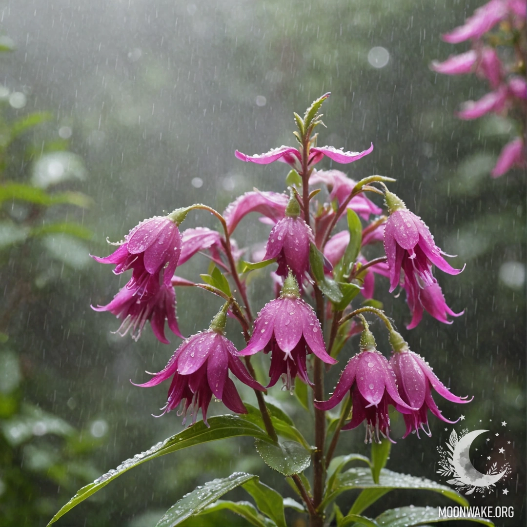 A cluster of fuchsia lobelia flowers in mist and rain, illuminated by sun rays.