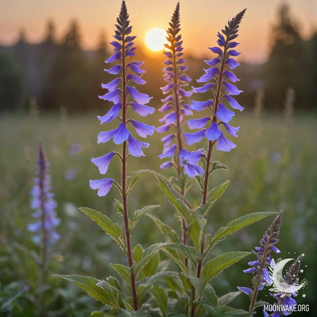 Romantic Lobelia at Sunset with Glitter A delicate arrangement of lobelia flowers in sage color, sparkling at sunset.